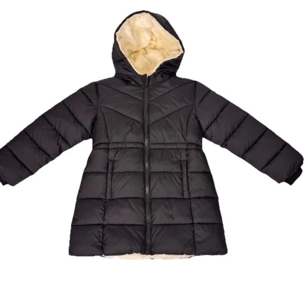 Mackenzie Reed Puffer Jacket Girls SZ 8Y Black Faux Fur Lined Hooded Winter Coat - Picture 2 of 10